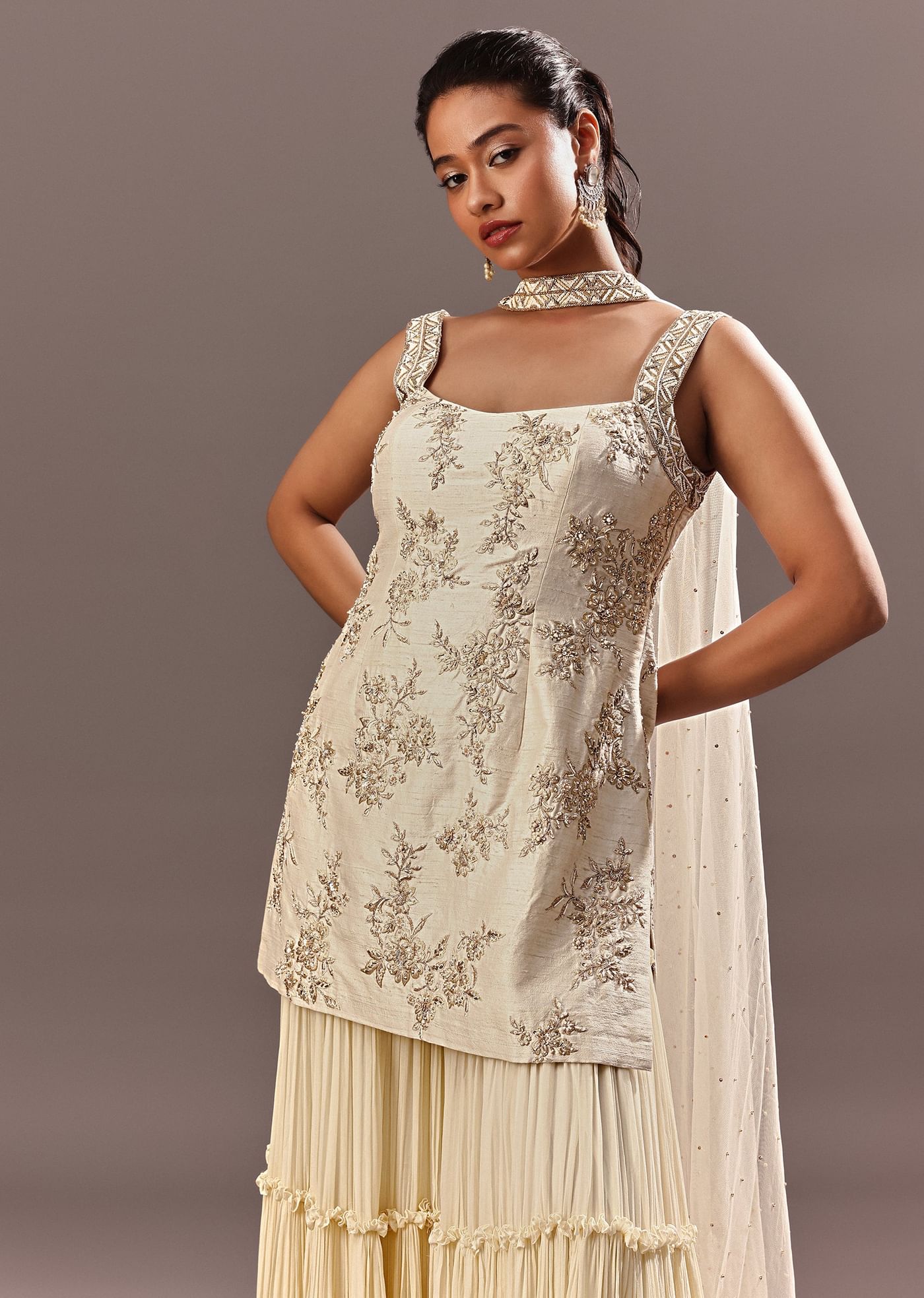 Off White Embroidered Kurta Sharara With Choker Dupatta