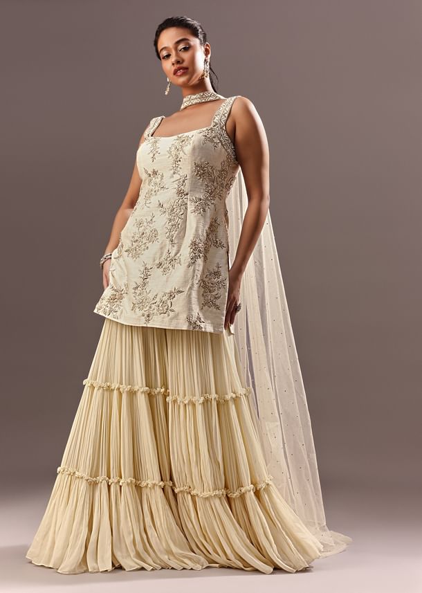 Off White Embroidered Kurta Sharara With Choker Dupatta Off White Embroidered Kurta Sharara With Choker Dupatta