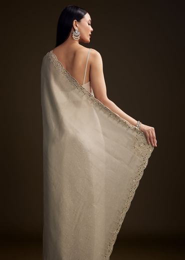 Off White Jacquard Saree With Zardosi And Stone Embroidery