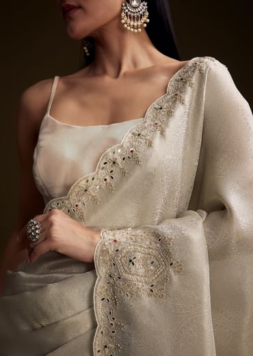 Off White Jacquard Saree With Zardosi And Stone Embroidery