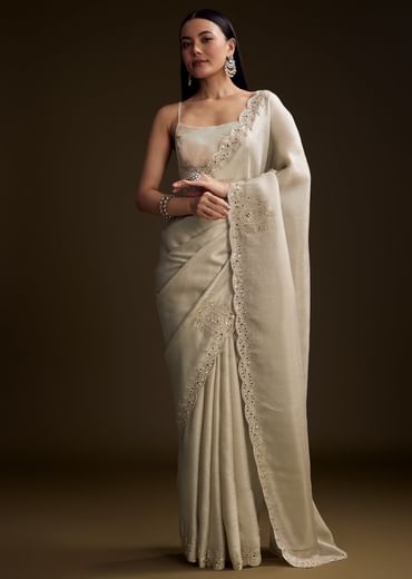 Off White Jacquard Saree With Zardosi And Stone Embroidery