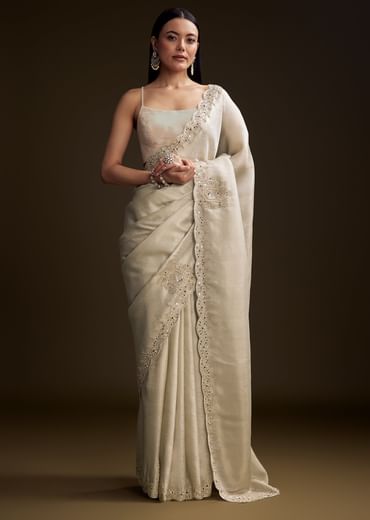 Off White Jacquard Saree With Zardosi And Stone Embroidery