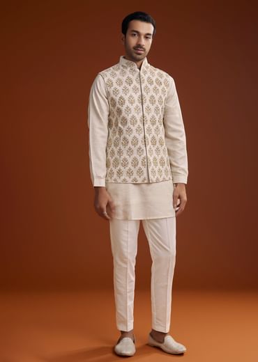 Off White Linen Silk Kurta Jacket Set With Zari Work For Men