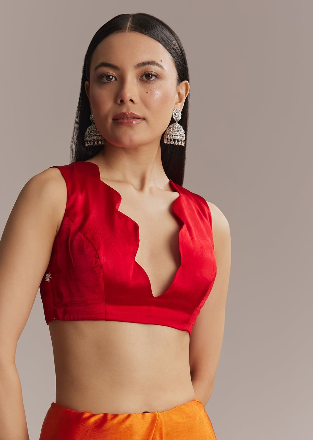Orange And Red Chinon Saree With Sequin And Bead Embroidery