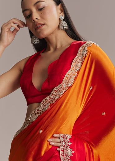 Orange And Red Chinon Saree With Sequin And Bead Embroidery