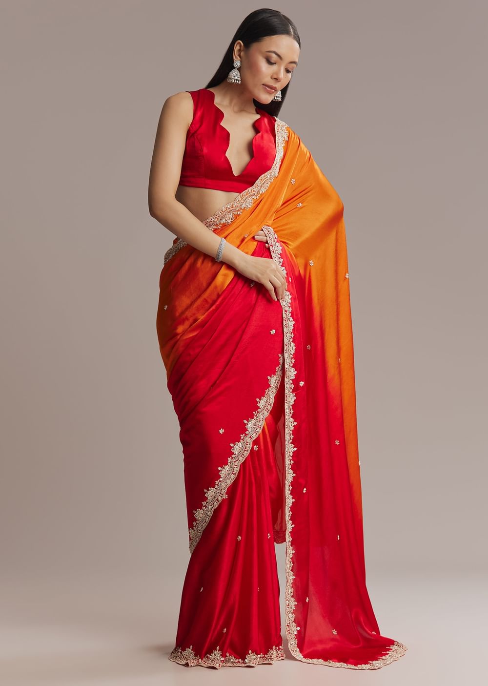 Orange And Red Chinon Saree With Sequin And Bead Embroidery