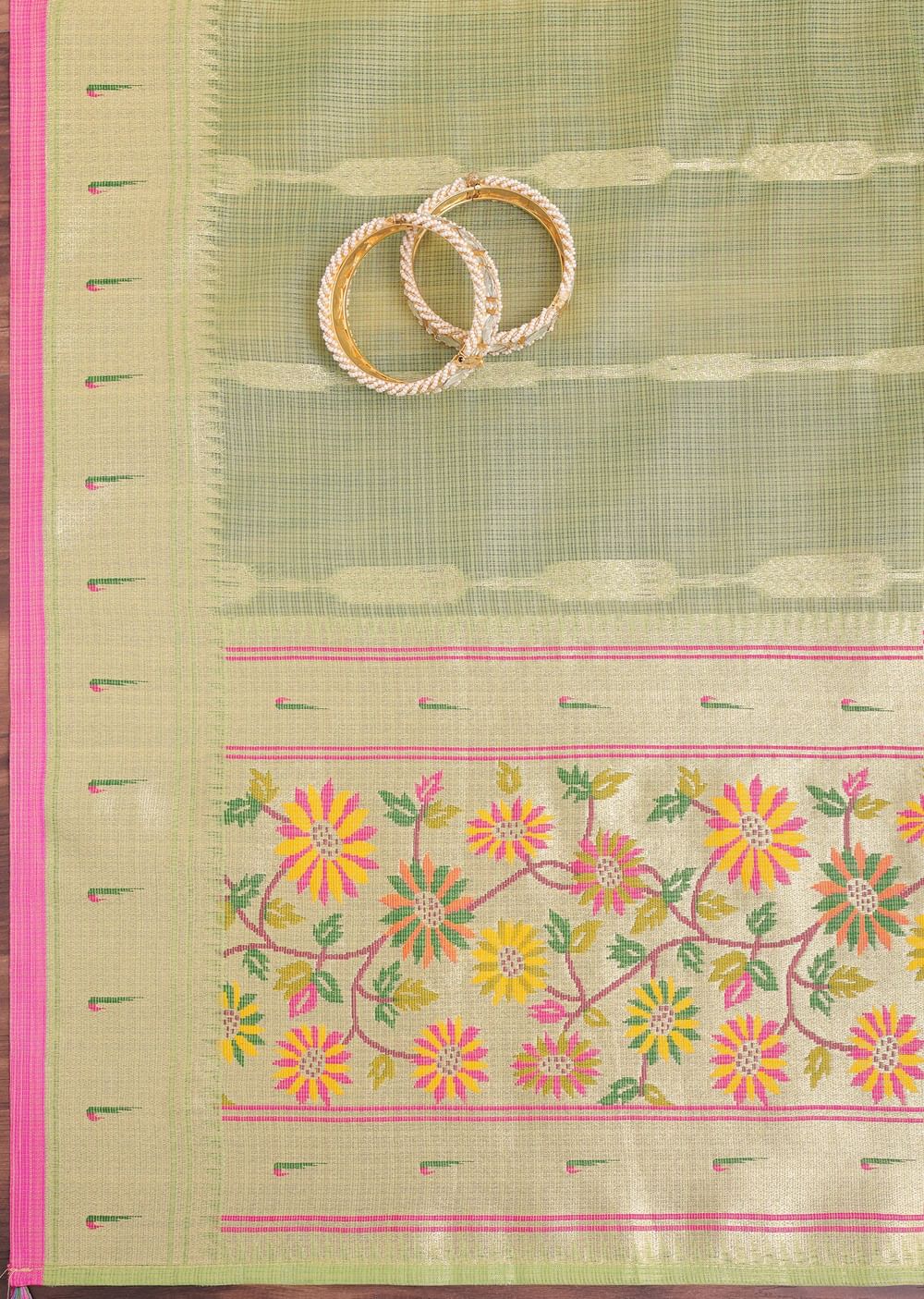 Parrot Green And Gold Paithani Woven Silk Dress Material