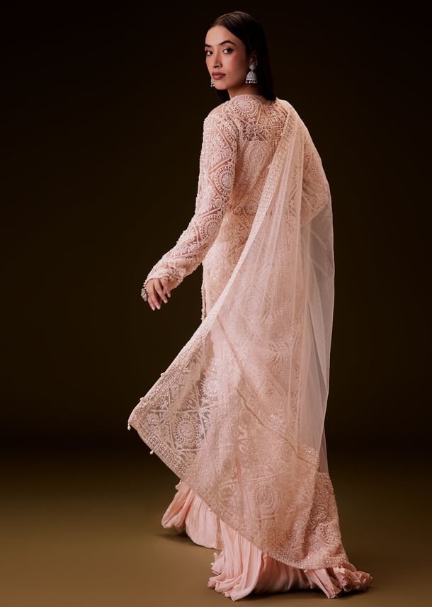 Peach Sharara Set With Sequence Embroidered Long Jacket