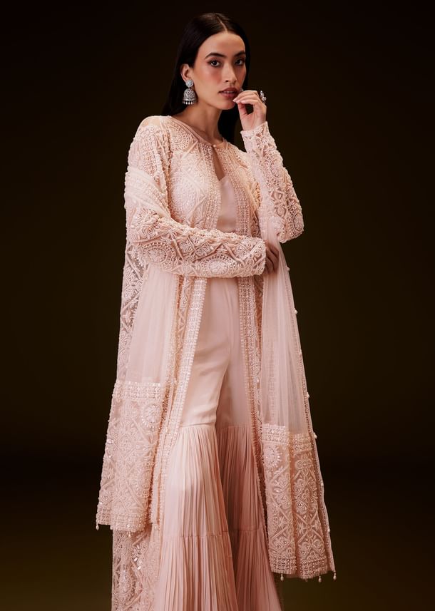 Peach Sharara Set With Sequence Embroidered Long Jacket