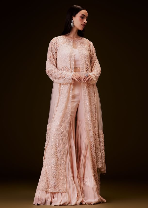 Peach Sharara Set With Sequence Embroidered Long Jacket