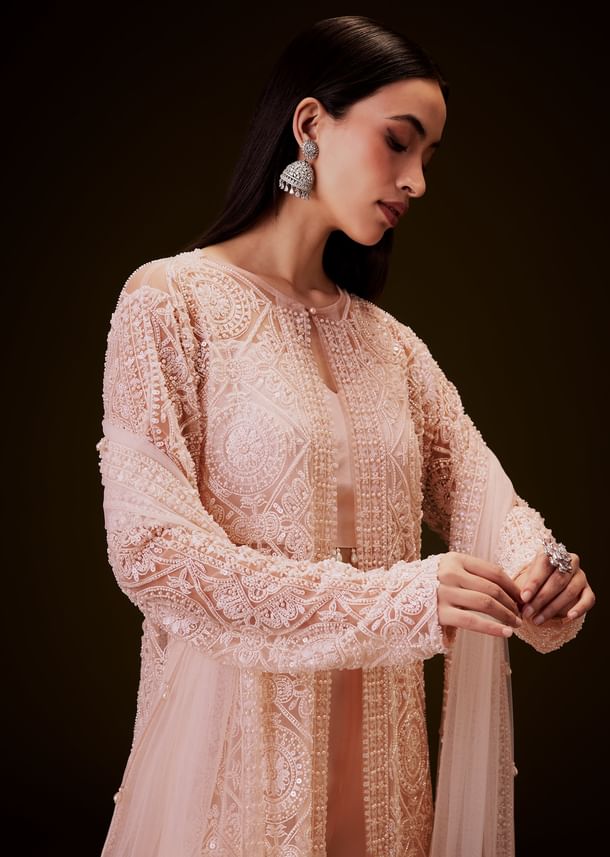 Peach Sharara Set With Sequence Embroidered Long Jacket