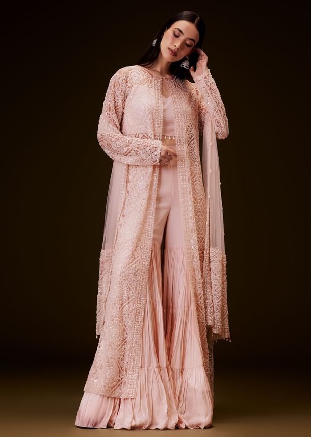 Peach Sharara Set With Sequence Embroidered Long Jacket