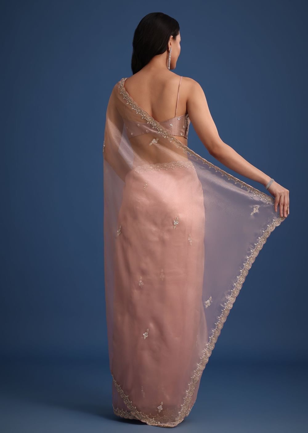 Pink Tissue Silk Cutdana Work Saree With Embellished Scallop Border