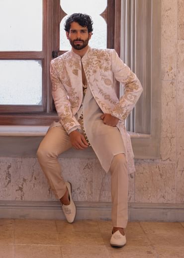 Pink Silk Sherwani For Groom With Resham And Zardosi Detailing