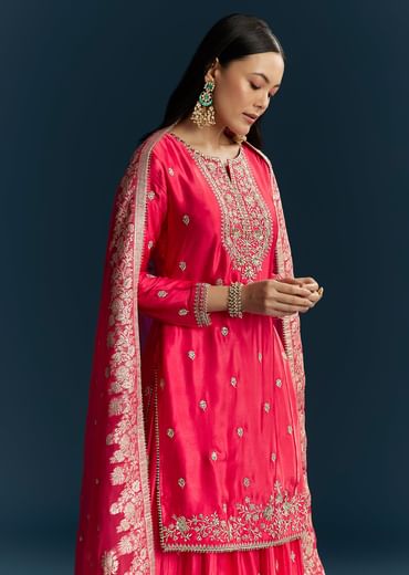 Pink Zari Palazzo Suit Set With Dupatta