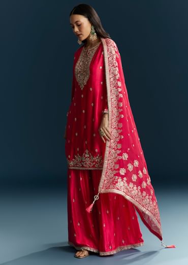 Pink Zari Palazzo Suit Set With Dupatta