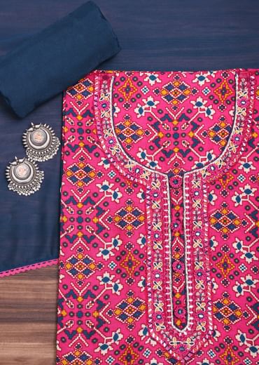 Pink And Navy Blue Patola Printed Tussar Dress Material