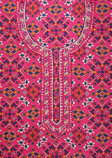 Pink And Navy Blue Patola Printed Tussar Dress Material