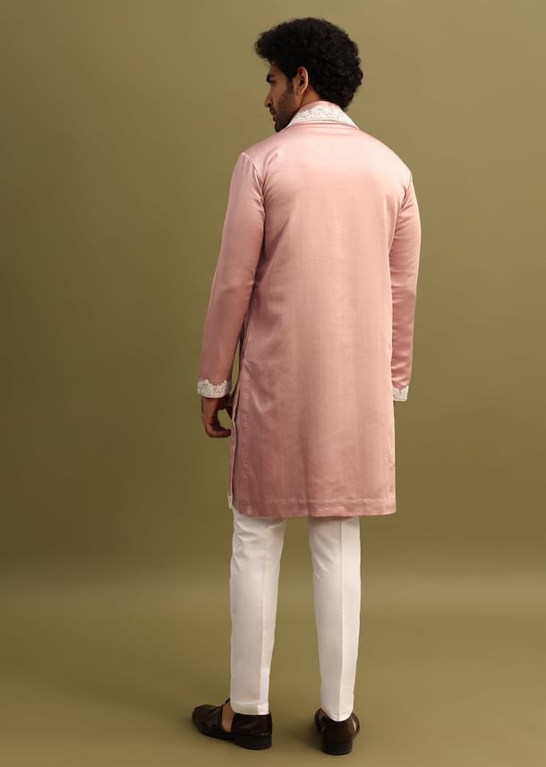 Pink Embroidered Kurta With Dupatta Set For Men