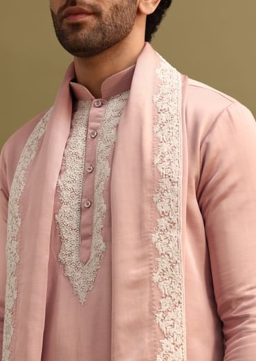 Pink Embroidered Kurta With Dupatta Set For Men