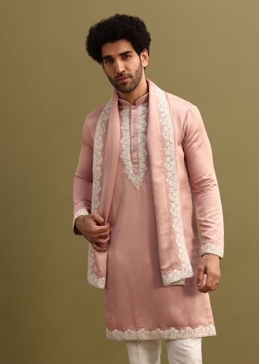 Pink Embroidered Kurta With Dupatta Set For Men