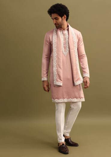 Pink Embroidered Kurta With Dupatta Set For Men