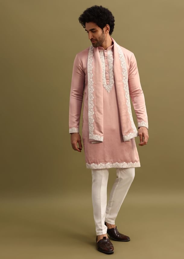 Pink Embroidered Kurta With Dupatta Set For Men