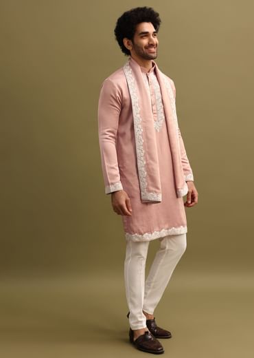 Pink Embroidered Kurta With Dupatta Set For Men
