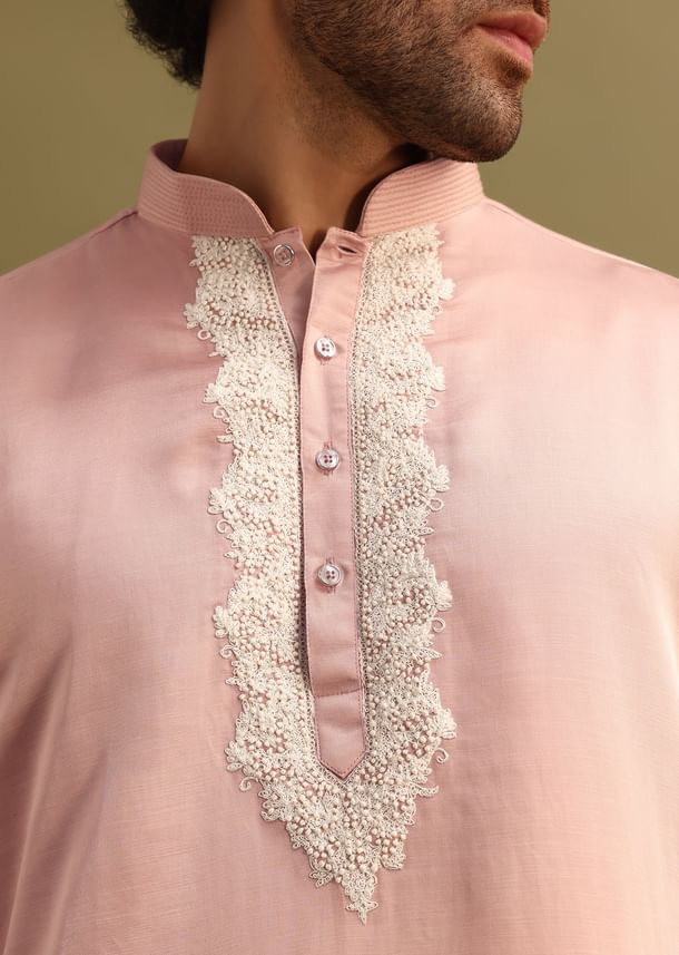 Pink Embroidered Kurta With Dupatta Set For Men