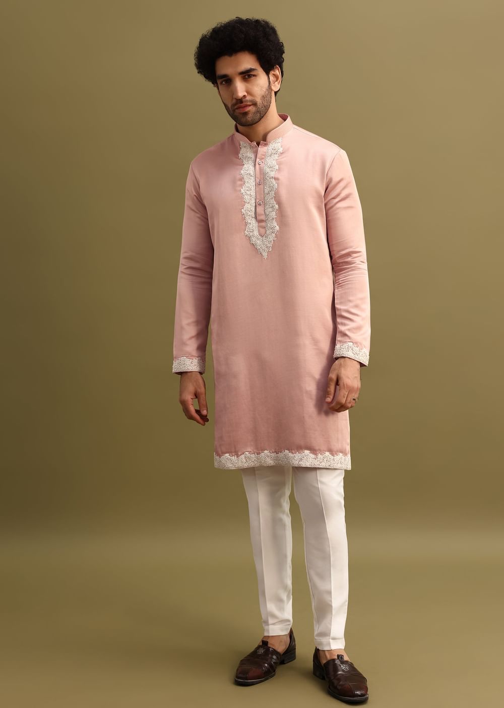 Pink Embroidered Kurta With Dupatta Set For Men