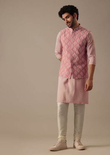 Pink Floral Bundi & Striped Kurta Set
