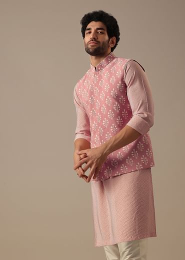 Pink Floral Bundi & Striped Kurta Set