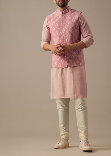 Pink Floral Bundi & Striped Kurta Set