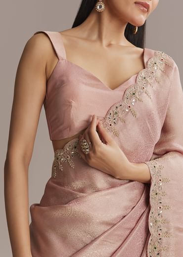 Pink Jacquard Saree With Zardosi And Stone Embroidery