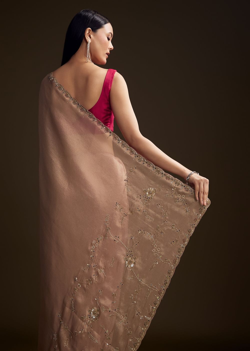 Pink Tissue Saree With Cutdana And Mirror Embroidery