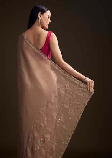 Pink Tissue Saree With Cutdana And Mirror Embroidery