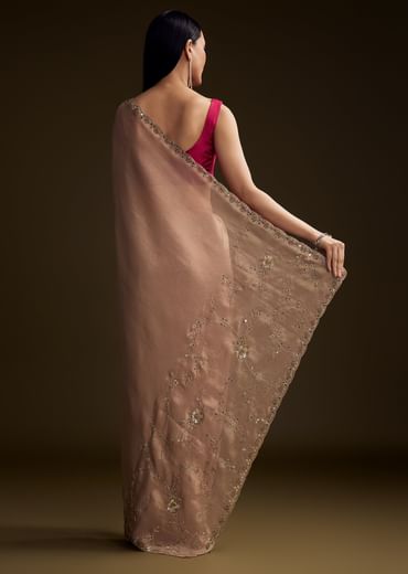 Pink Tissue Saree With Cutdana And Mirror Embroidery