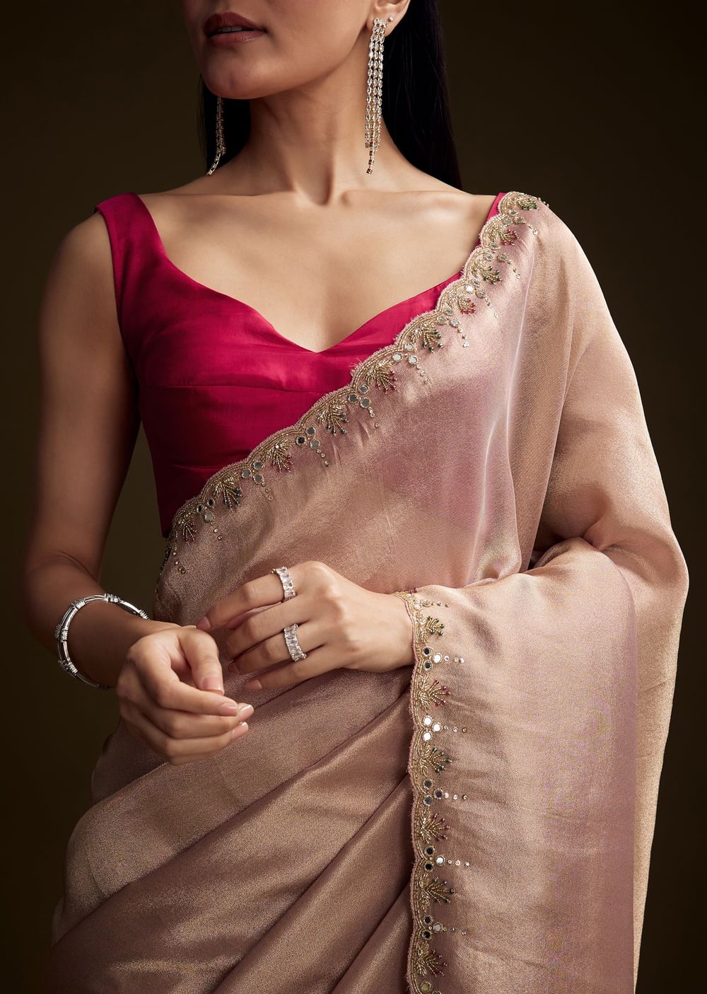Pink Tissue Saree With Cutdana And Mirror Embroidery