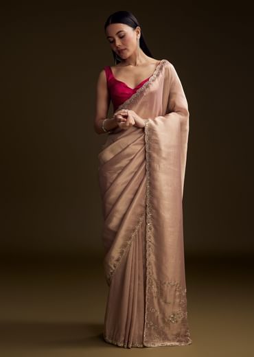 Pink Tissue Saree With Cutdana And Mirror Embroidery