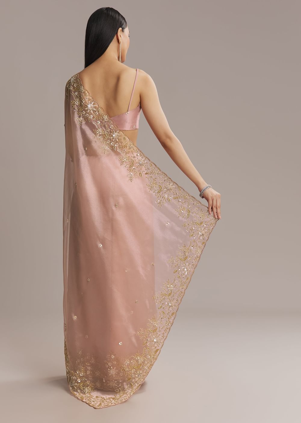 Pink Tissue Saree With Golden Sequin Embroidery
