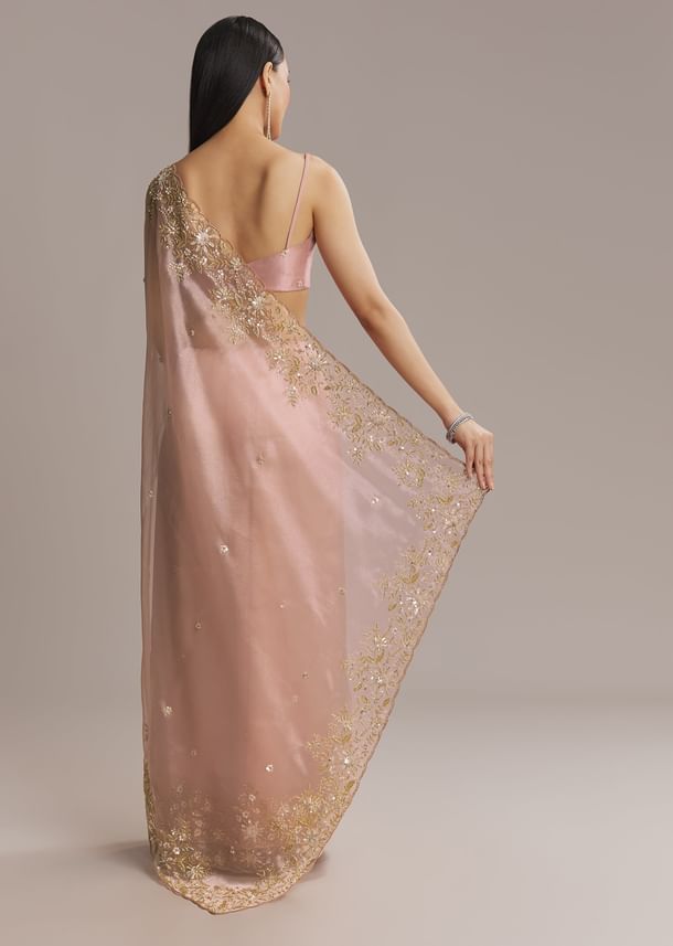 Pink Tissue Saree With Golden Sequin Embroidery