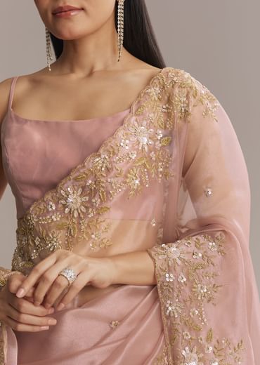 Pink Tissue Saree With Golden Sequin Embroidery