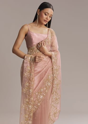Pink Tissue Saree With Golden Sequin Embroidery