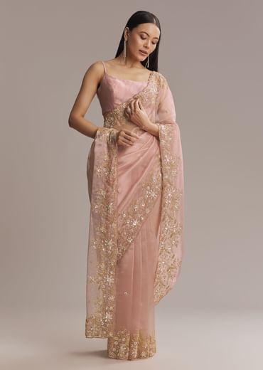 Pink Tissue Saree With Golden Sequin Embroidery