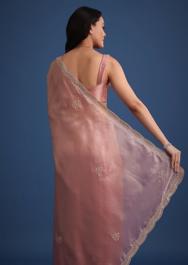 Pink Tissue Silk Embroidered Saree With Embellished Scallop Border