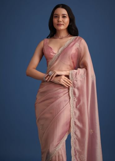 Pink Tissue Silk Embroidered Saree With Embellished Scallop Border