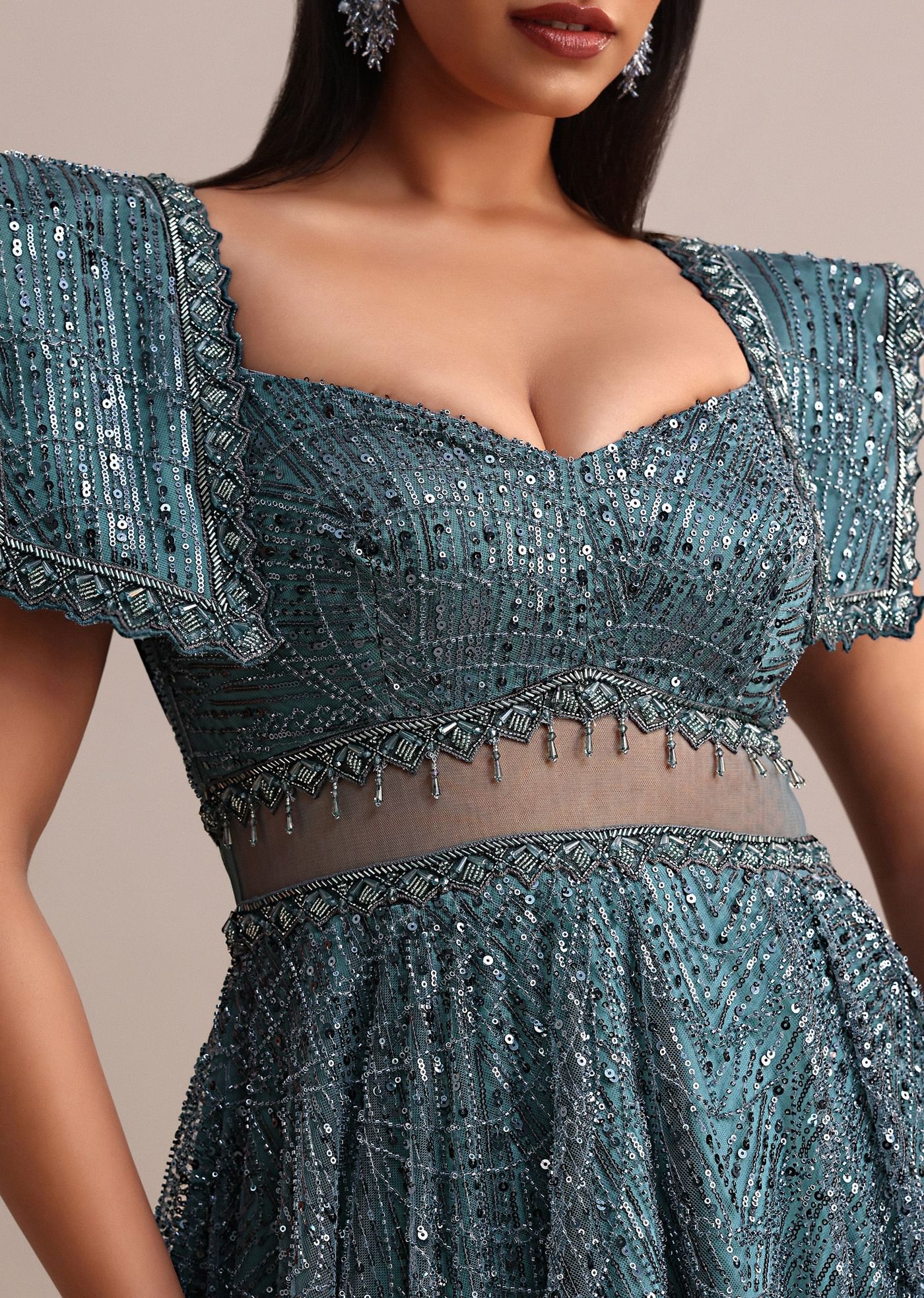 Poseidon Teal Circular Flared Gown With Fancy Sleeves