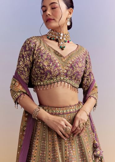 Purple Crepe Printed Bridesmaid Lehenga With Heavy Hand Embroidery