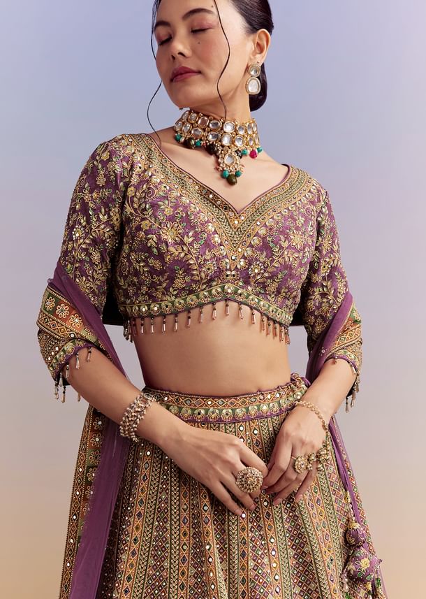 Purple Crepe Printed Bridesmaid Lehenga With Heavy Hand Embroidery