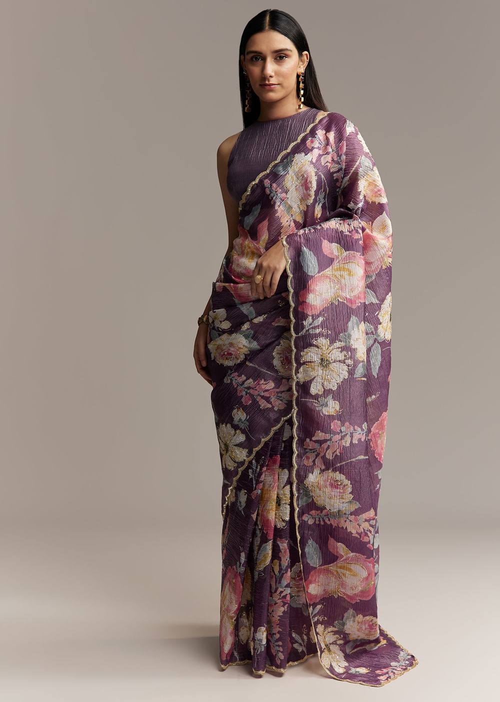 Purple Crush Tissue Saree With Floral Print And Embroidered Border